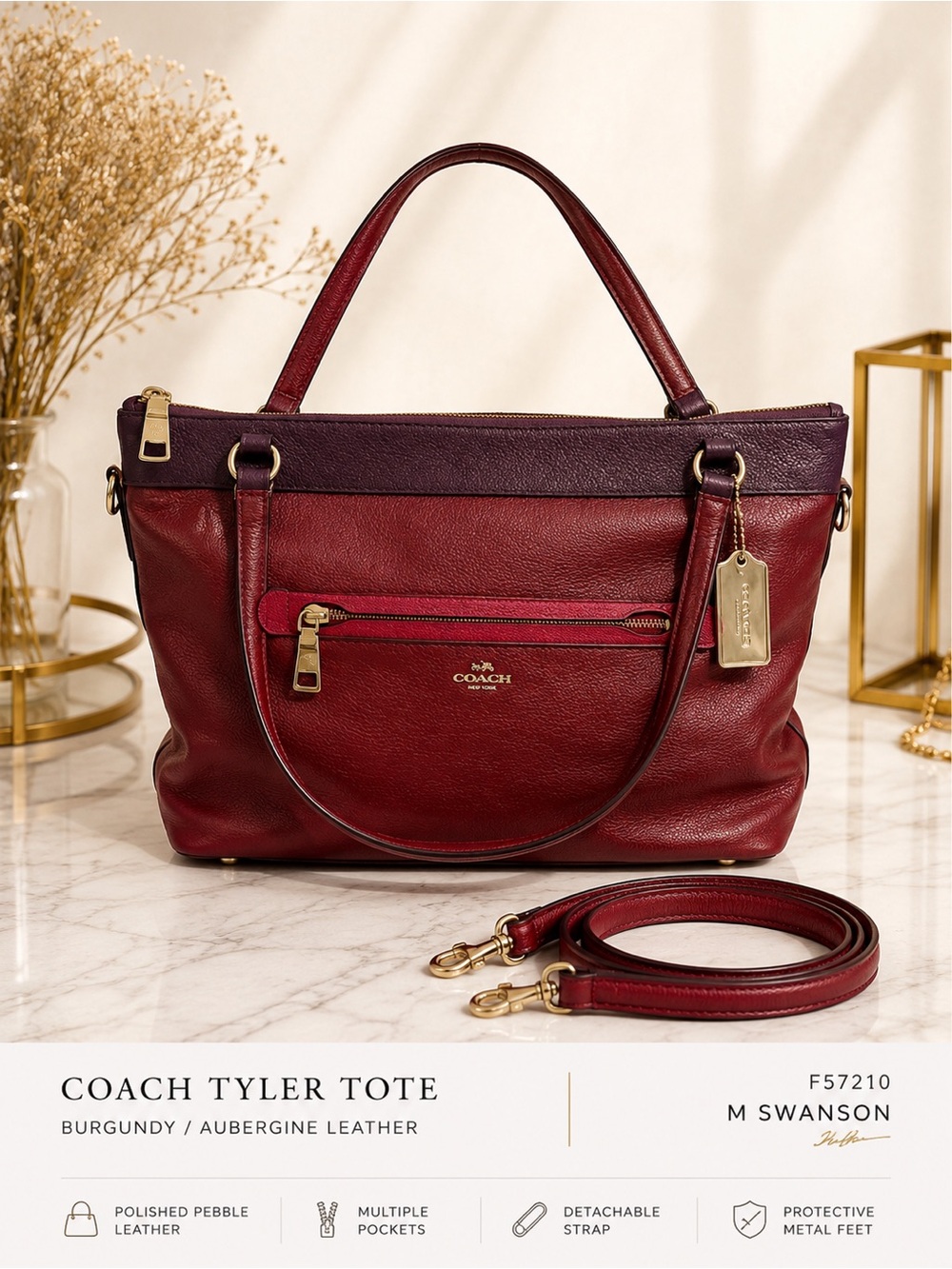 Coach Tyler Burgundy & Aubergine Leather Tote F57210